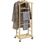 HOMCOM Servomuto 4 in 1 a Rotelle con 2 Aste per Indumenti Color Legno | Vassoio Svuota Tasche, Ripiano per Scarpe, Rella Appendiabiti in Bambù, per Camera da Letto e Soggiorno, 47x33.7x105.5 cm