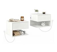 HOMCOM Set di 2 Comodini Camera da Letto Sospesi con Prese di Corrente, Cassetto e Ripiano Aperto, Coppia di Comodini Moderno, Tavolini per Divano, Soggiorno, Salotto e Camera, 40x35x30 cm, Bianco