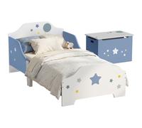 HOMCOM Set Camera da Letto per Bambini con Letto Basso con Sponde e Cassapanca Baule Portagiochi, Stelle Blu e Bianco, per Cameretta