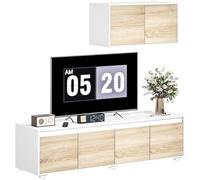 HOMCOM Set 2 Pezzi Parete attrezzata da Soggiorno in Truciolato, Mobile TV max 70" 160x39x43 cm e Mobile Multiuso a Parete 80x35x40 cm, Bianco e Color Legno