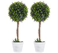 HOMCOM Set 2 Piante Finte da Interno e Esterno, Piante Artificiali a Sfera Anti-UV con Fiori di Lavanda e Vaso con Muschio e Cemento Incluso, Piante Verdi Decorative in PE e PP, Ø24x60 cm
