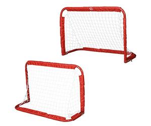 HOMCOM Set 2 Porte da Calcio Pieghevoli da Esterno con 4 Picchetti, Rete da Calcio in Metallo e Tetrolon, 90x36x60 cm, Rosso