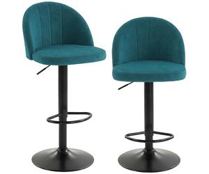 HOMCOM Set 2 Sgabelli Bar in Velluto con Altezza Regolabile e Girevoli a 360°, Sgabelli Cucina Alti con Poggiapiedi, Seduta Morbida, Schienale, Base in Acciaio al Carbonio, Sedie Bar per Penisola, Blu