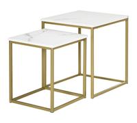 HOMCOM Tavolino da Salotto Set 2 Pezzi Impilabile con Piano Effetto Marmo in Truciolato e Struttura in Acciaio, 45x45x50 cm e 37x37x43 cm, Bianco e Oro