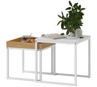 HOMCOM Set di 2 Tavolini da Caffè Impilabili con Vassoio, Tavolino Salotto Moderno in Acciaio per Soggiorno e Ufficio, 45x45x45 cm e 40x40x40 cm, Bianco e Rovere