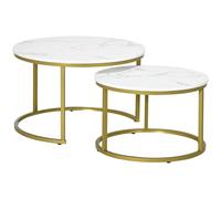 HOMCOM Set 2 Tavolini da Salotto Rotondi e Impilabili in Acciaio e Truciolato, Ø74x46.3 cm e Ø59x38.5 cm, Bianco e Oro Aosom