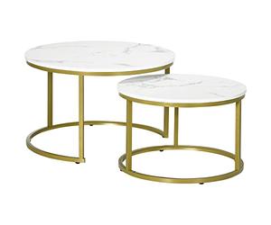 HOMCOM Set 2 Tavolini da Salotto Rotondi e Impilabili in Acciaio e Truciolato, Ø74x46.3 cm e Ø59x38.5 cm, Bianco e Oro