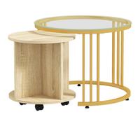 HOMCOM Set 2 Tavolini da Salotto Rotondi con Design Impilabile, 4 Ripiani Inferiori e 4 Ruote, Ø60x47 cm e Ø40x42 cm, Color Oro e Rovere