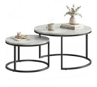 HOMCOM Set 2 Tavolini da Caffè Impilabili per Casa e Ufficio, Tavolini da Salotto Rotondi in Metallo e MDF Effetto Marmo, Grigio e Nero