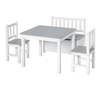 HOMCOM Set 4 Pezzi con Tavolo per Bambini, 2 Sedie, Legno, Bianco e Grigio | Cassapanca, Arredamento Cameretta, Tavolino con Sedie per Bambini, Multiuso