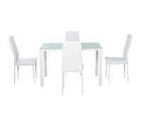 HOMCOM Set 5 Pezzi con 1 Tavolo e 4 Sedie per Cucina o Sala da Pranzo in Finta Pelle, Metallo e Vetro Temperato, Bianco