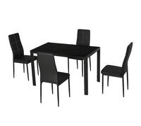 HOMCOM Set 5 Pezzi con 1 Tavolo e 4 Sedie per Cucina o Sala da Pranzo in Finta Pelle, Metallo e Vetro Temperato, Nero