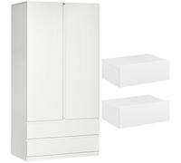 HOMCOM Set Armadio 2 Ante con Cassetti e 2 Comodini Sospesi con Cassetto Bianco