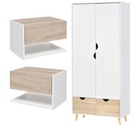 HOMCOM Set Armadio 2 Ante Stile Nordico e 2 Comodini Sospesi con Cassetto, Guardaroba con 2 Cassetti e Ripiano, Bianco e Legno
