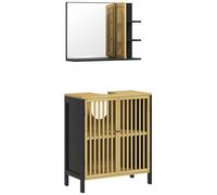 HOMCOM Set Bagno con Mobile Sottolavabo a Doghe e Specchiera con Mensole Nero