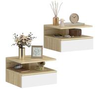 HOMCOM Set da 2 Comodini Sospesi Salvaspazio 35x32x22.5cm Bianco e Rovere