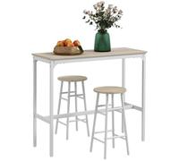 HOMCOM Set da Bar 3 Pezzi, Design Industriale, Bianco e Rovere | Tavolino Alto e Sgabelli da Bar con Poggiapiedi, Set Tavolo Alto con Sgabelli, per Cucina e Salotto, in Legno e Acciaio
