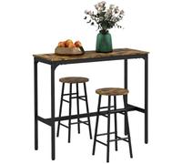 HOMCOM Set da Bar 3 Pezzi, Design Industriale, Nero e Marrone | Tavolino Alto e Sgabelli da Bar con Poggiapiedi, Set Tavolo Alto con Sgabelli, per Cucina e Salotto, in Legno e Acciaio