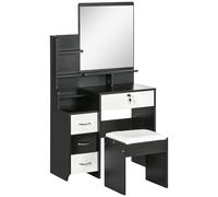HOMCOM Set da toeletta tavolo da trucco con sgabello imbottito grande specchio + più ripiani aperti + 4 cassetti nero bianco