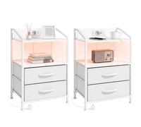 HOMCOM Set di 2 Comodini Camera da Letto con Ricarica LED 40x30x60cm Bianco | Stazione di Ricarica, Luci LED, 2 Cassetti in Tessuto, Ripiano Aperto, Telaio Acciaio, Set Tavolini Salotto per Soggiorno