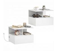 HOMCOM Set di 2 Comodini Camera da Letto Sospesi con Stazione di Ricarica, Coppia di Comodino Salvaspazio Moderno con Cassetto e Scomparto Aperto, Tavolini per Camera da Letto, 40x35x30 cm, Bianco