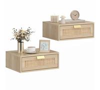 HOMCOM Set di 2 comodini galleggianti, comodini da camera con cassetto in rattan, salvaspazio, design moderno, per soggiorno, 40 x 30 x 15 cm, rovere