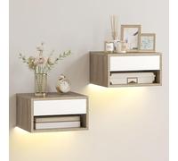 HOMCOM Set di 2 comodini galleggianti con luci LED RGB a controllo APP, comodini per camera da letto con cassetto, ripiano aperto, per soggiorno, 37x32x21 cm, naturale e bianco