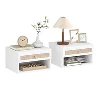 HOMCOM Set di 2 comodini galleggianti da parete con cassetto in rattan e ripiano aperto, comodini da camera in stile nordico, per soggiorno, 40 x 34 x 23 cm, bianco