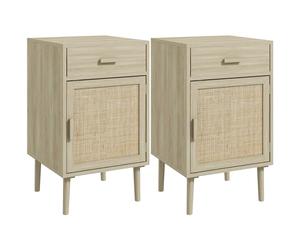 HOMCOM Set di 2 Comodini per Camera da Letto con Cassetto e Anta in Rattan Stile Boho, Tavolini da Salotto Effetto Legno Naturale