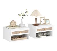 Homcom Set di 2 comodini sospesi a parete con cassetto in rattan e ripiano aperto, comodini per camera da letto in stile nordico, per soggiorno, 40X34X23 cm, bianco