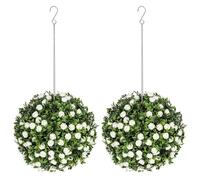 HOMCOM Set di 2 piante artificiali decorative, con palline di rosa topiaria, protette dai raggi UV, piante finte per interni ed esterni, 28 cm, bianco
