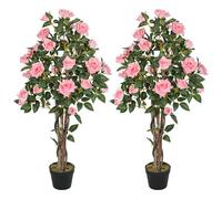 HOMCOM Set di 2 piante artificiali decorative in finta seta, rose in vaso, piante finte per la casa e per interni, 110 cm, rosa