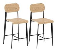 HOMCOM Set di 2 sgabelli da Bar, sedie da Bar, sgabelli da Cucina Alti 65 cm con Schienale, Struttura in Acciaio, Effetto Legno Naturale