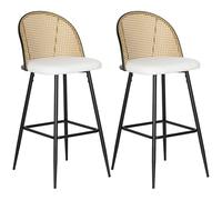 HOMCOM Set di 2 sgabelli da bar, sgabelli alti da cucina con schienale in rattan, seduta imbottita in borreguito, telaio in acciaio e poggiapiedi per sala da pranzo, bancone, bianco crema