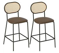 HOMCOM Set di 2 sgabelli da bar Sgabelli da cucina alti con schienale in rattan Seduta in PU Telaio in acciaio e poggiapiedi per sala da pranzo Bancone da pranzo Marrone