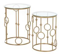 HOMCOM Set di 2 tavolini da caffè rotondi decorativi in stile artistico Ø 41 e Ø 36 cm, metallo dorato, vetro temperato 5 mm