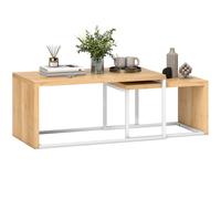 Homcom Set di 2 tavolini da caffè, tavolino impilabile moderno, tavolini laterali, struttura in metallo, per soggiorno, camera da letto, grande 90X48X42 cm e piccolo 59X42X36 cm, naturale e bianco