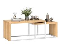 HOMCOM Set di 2 tavolini da caffè, tavolino moderno, tavolini laterali, struttura in metallo, per soggiorno, camera da letto, grande 90x48x42 cm e piccolo 59x42x36 cm, naturale e bianco