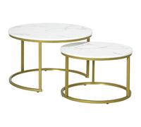 HOMCOM Set di 2 tavolini rotondi con piano in finto marmo e struttura in metallo, tavolini moderni per soggiorno, bianco