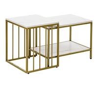 HOMCOM Set di 2 Tavolini Tavolo Estraibili Quadrati, Piano Bianco Effetto Marmo e Piede in Metallo Dorato