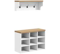 HOMCOM Set di mobili da ingresso 2 in 1, appendiabiti a parete, scarpiera, guardaroba, con 3 ganci e 9 nicchie, per soggiorno, camera da letto, corridoio, bianco e rovere