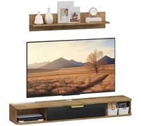 HOMCOM Set di mobili da salotto, mobile TV con ripiano a muro, ante, ripiani aperti, fori per cavi, per televisore a muro, 120x24x16 cm, rovere
