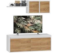 HOMCOM Set Mobile TV e Armadietto a Muro con 7 Ripiani e Scaffale Aperto, Mobile Porta TV in Truciolato, 120x41x43.3 cm, Bianco e Color Legno