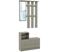 HOMCOM Set Mobili da Ingresso con Appendiabiti, Specchio, Panca con Scaffale e Scarpiera per 8 Paia di Scarpe, Grigio