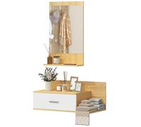 HOMCOM Set Mobili Ingresso con Specchio, Mobiletto a Parete con Cassetto e 2 Ripiani Aperti per Soggiorno, Camera da Letto, Ingresso, Legno Naturale