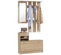 HOMCOM Set Mobili Ingresso Moderno con Scarpiera e Specchio, Appendiabiti da Ingresso con 6 Ganci, 2 Ripiani Regolabili e Cassetti in Legno per Corridoio, 90x24x177 cm, Quercia