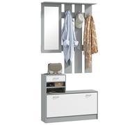 HOMCOM Set Mobili Ingresso Moderno con Scarpiera e Specchio, Appendiabiti da Ingresso con 6 Ganci, 2 Ripiani Regolabili e Cassetti in Legno per Corridoio, 90x24x177 cm, Bianco e Grigio Scuro