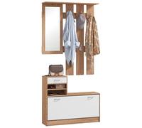 HOMCOM Set Mobili Ingresso Moderno con Scarpiera e Specchio, Appendiabiti da Ingresso con 6 Ganci, 2 Ripiani Regolabili e Cassetti in Legno per Corridoio, 90x24x177 cm, Bianco e Noce
