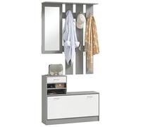 HOMCOM Set Mobili Ingresso Moderno con Scarpiera e Specchio, Appendiabiti da Ingresso con 6 Ganci, 2 Ripiani Regolabili e Cassetti in Legno per Corridoio, 90x24x177 cm, Bianco e Grigio Chiaro