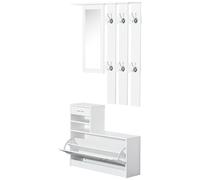 HOMCOM Set Mobili Ingresso Moderno con Scarpiera Specchio Bianco | Moderno, Appendiabiti da Ingresso con 6 Ganci, 2 Ripiani Regolabili, Cassetti in Legno, per Corridoio
